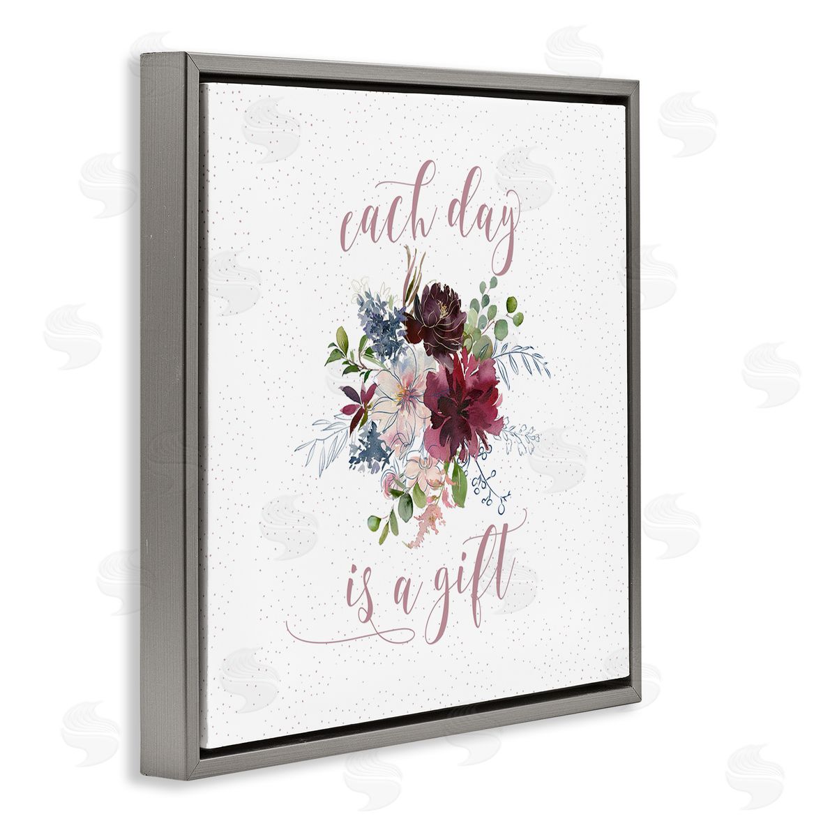 Tara Moss Each Day Gift Calligraphy Quote Minimal Floral Pattern  Gray Floating Frame Canvas Wall Art Print