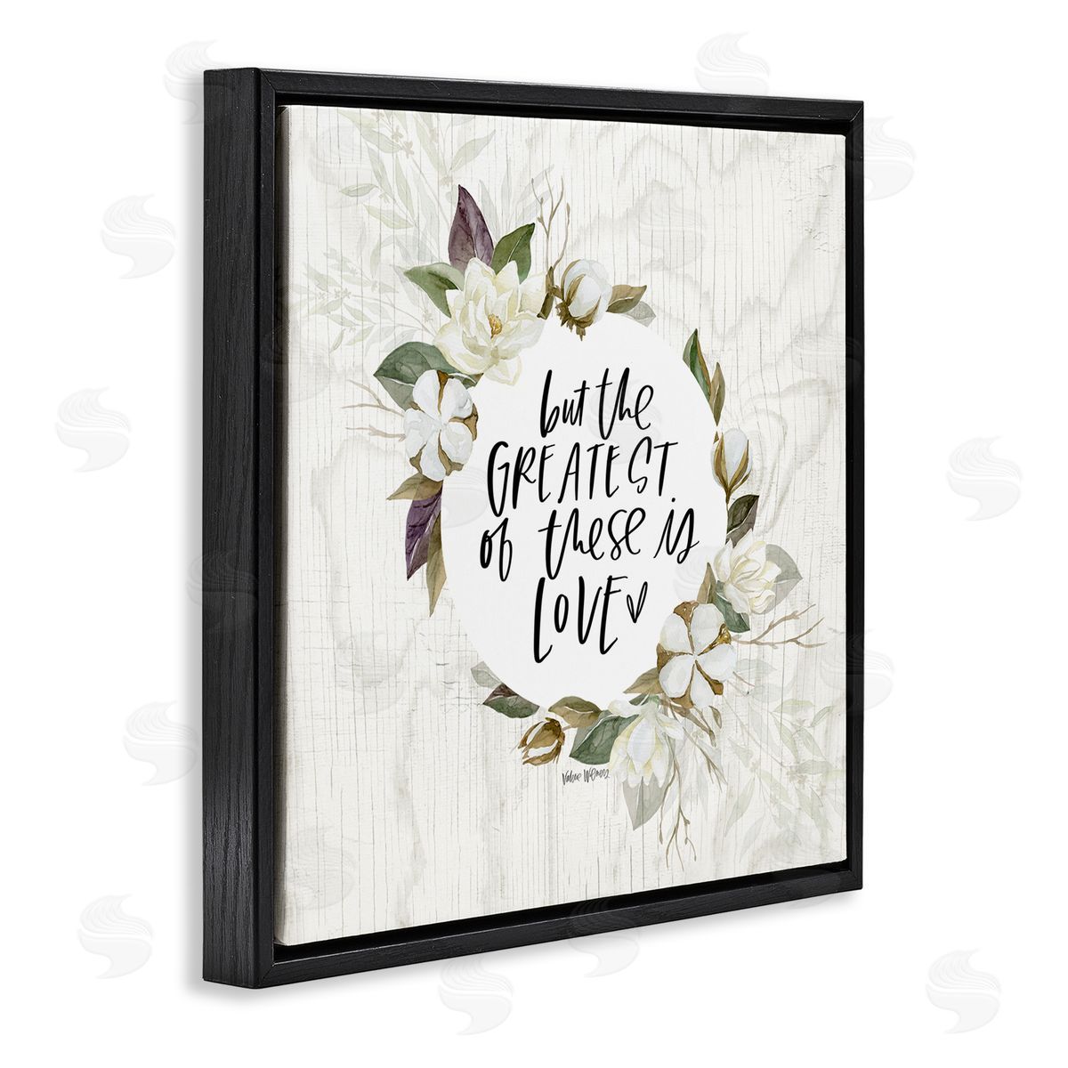 Valerie Wieners Greatest Love Typography Quote Classic White Floral Border  Black Floating Frame Canvas Wall Art Print