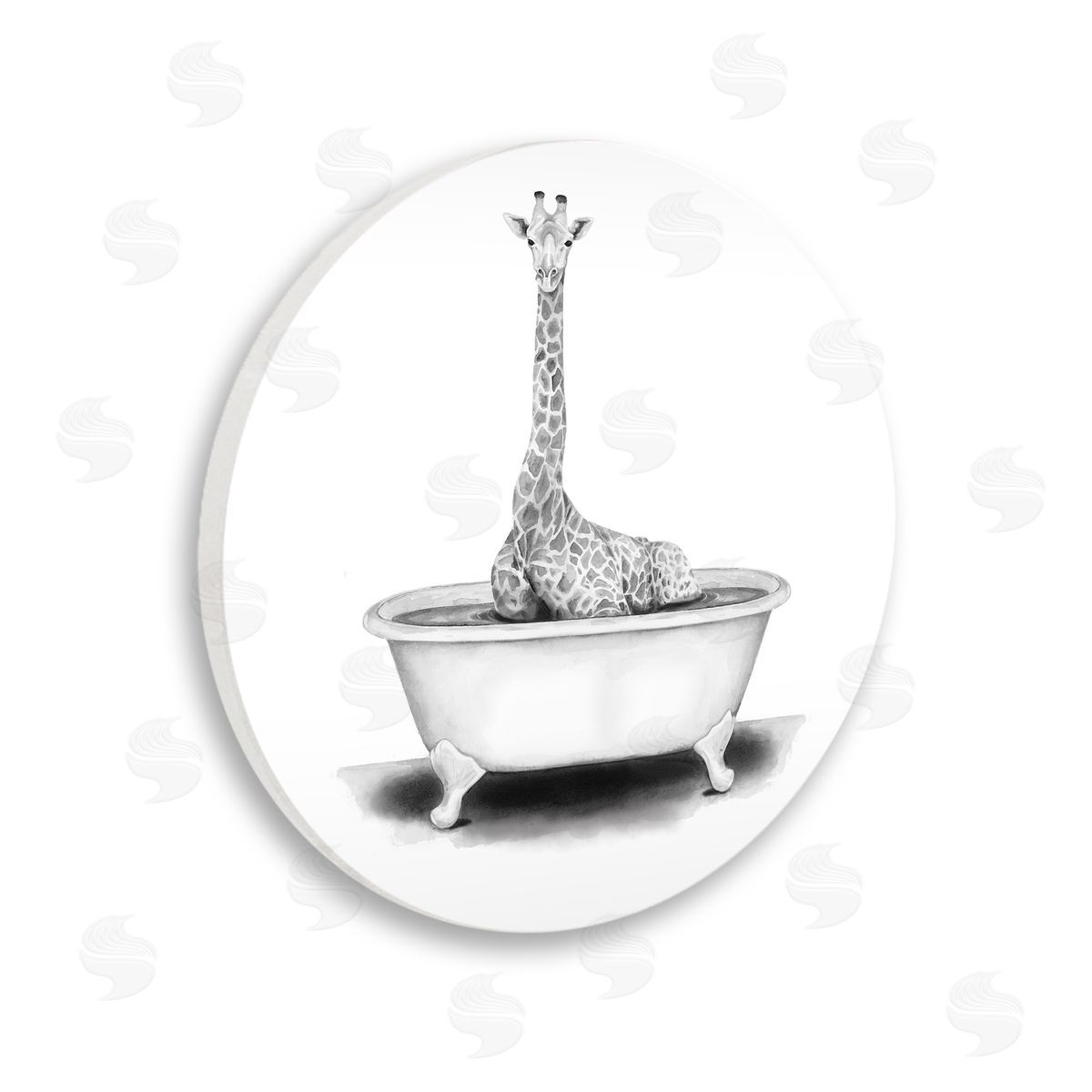 Rachel Nieman Giraffe In A Tub Funny Animal Bathroom Drawing Wooden Wall Plaque Art Print