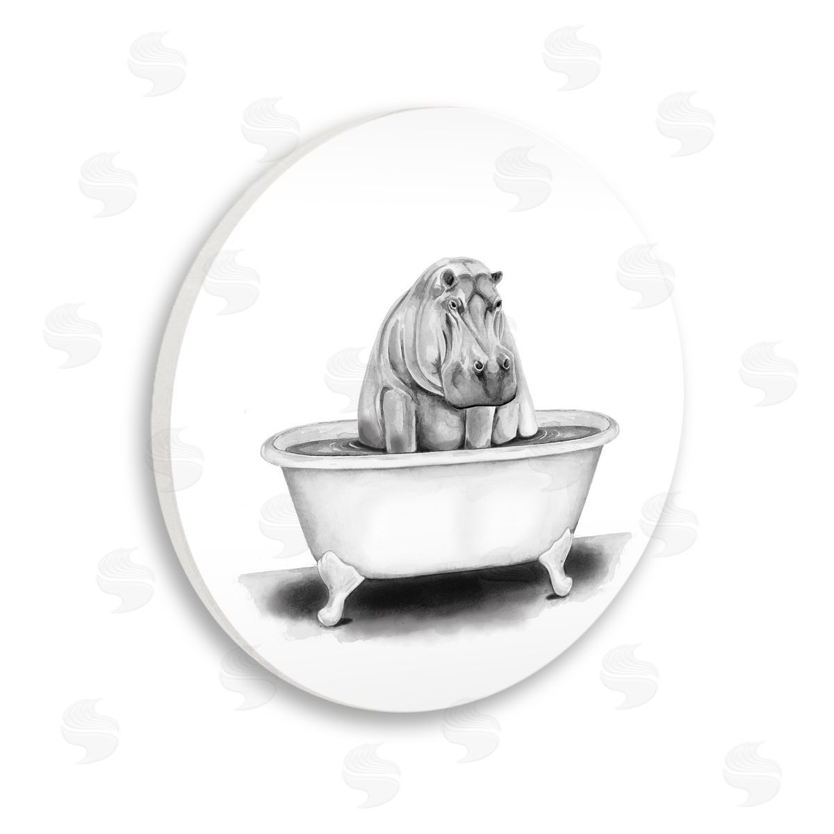 Rachel Nieman Hippo In A Tub Funny Animal Bathroom Drawing Wooden Wall Plaque Art Print