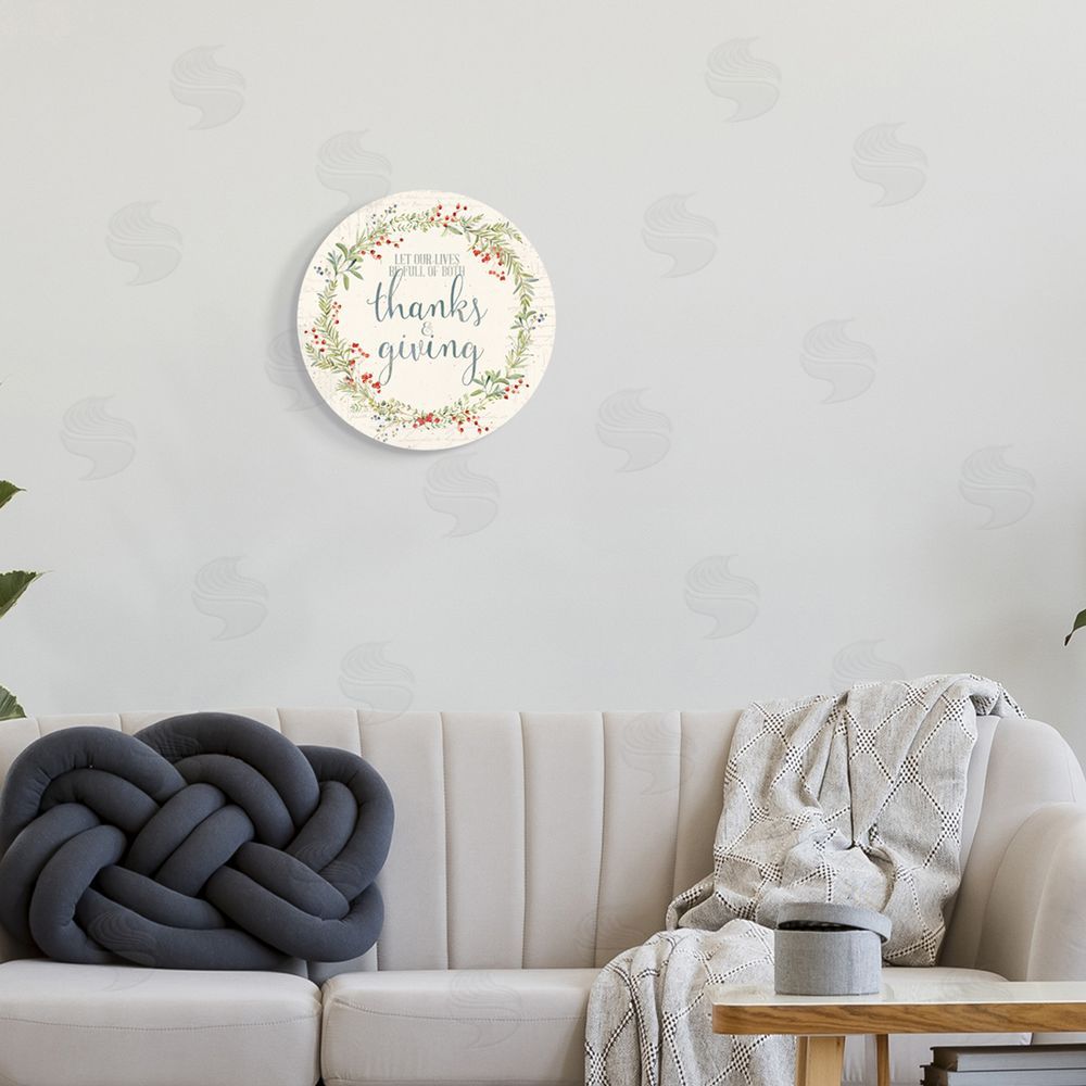 Stephanie Workman Marrott Thanks And Giving Fall Autumn Seasonal Inspirational Word Design Round Wall Plaque Art Print in Room