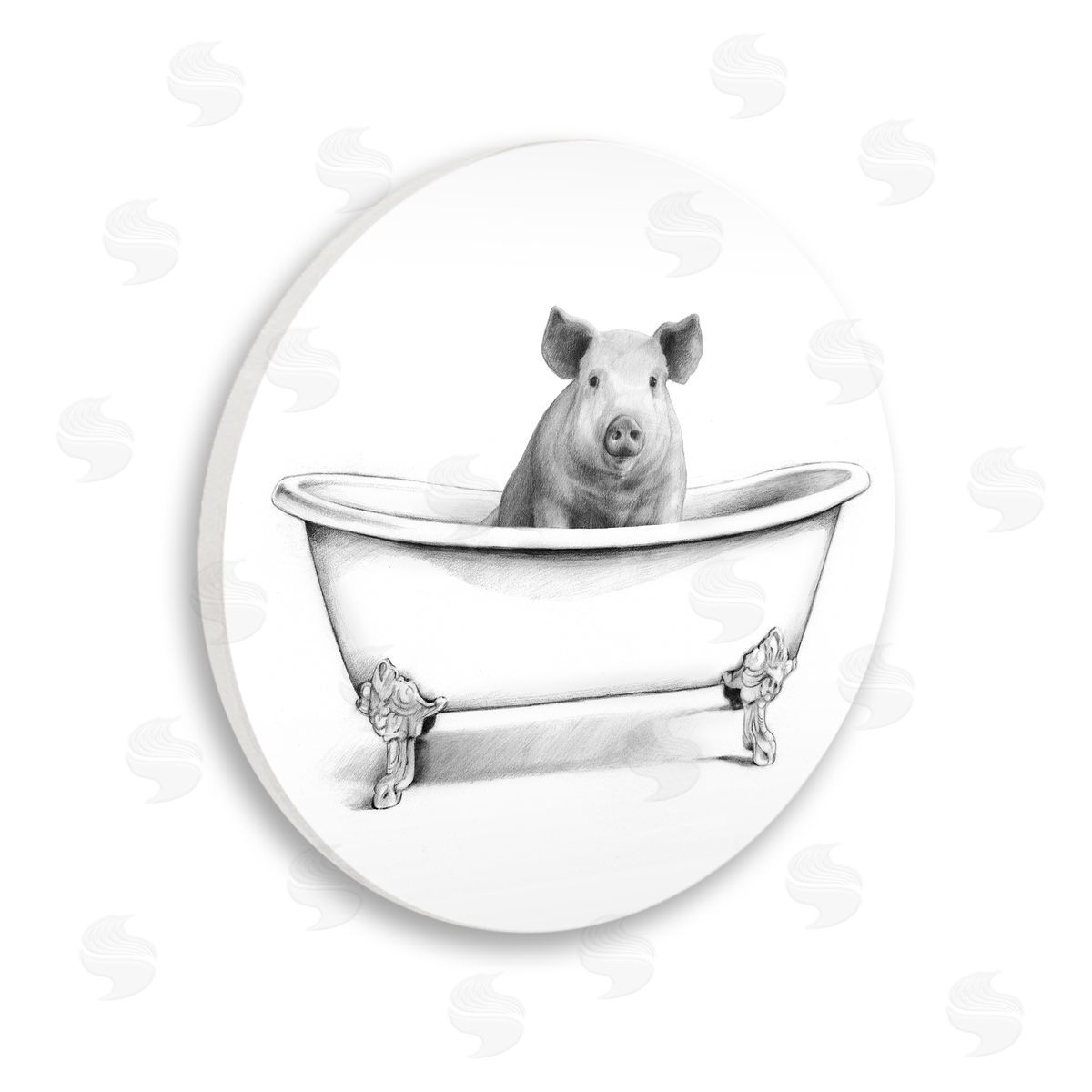 Victoria Borges Hog in Bath Tub Minimal Bathroom Sketch Wooden Wall Plaque Art Print