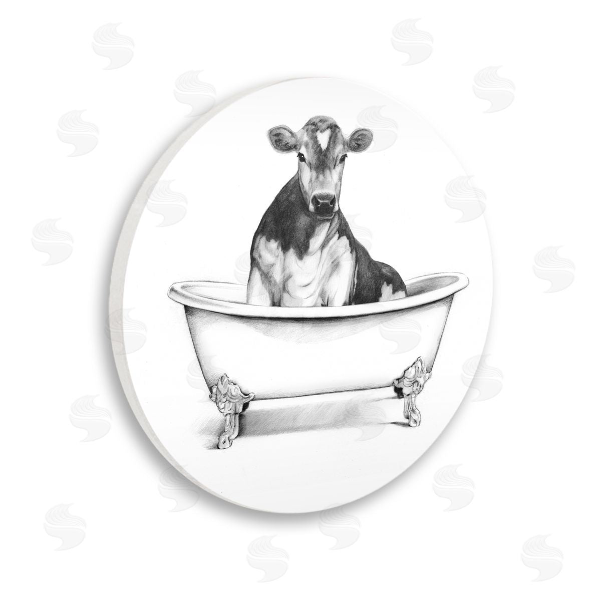 Victoria Borges Cow in Claw Tub Minimal Farm Animal Sketch Wooden Wall Plaque Art Print