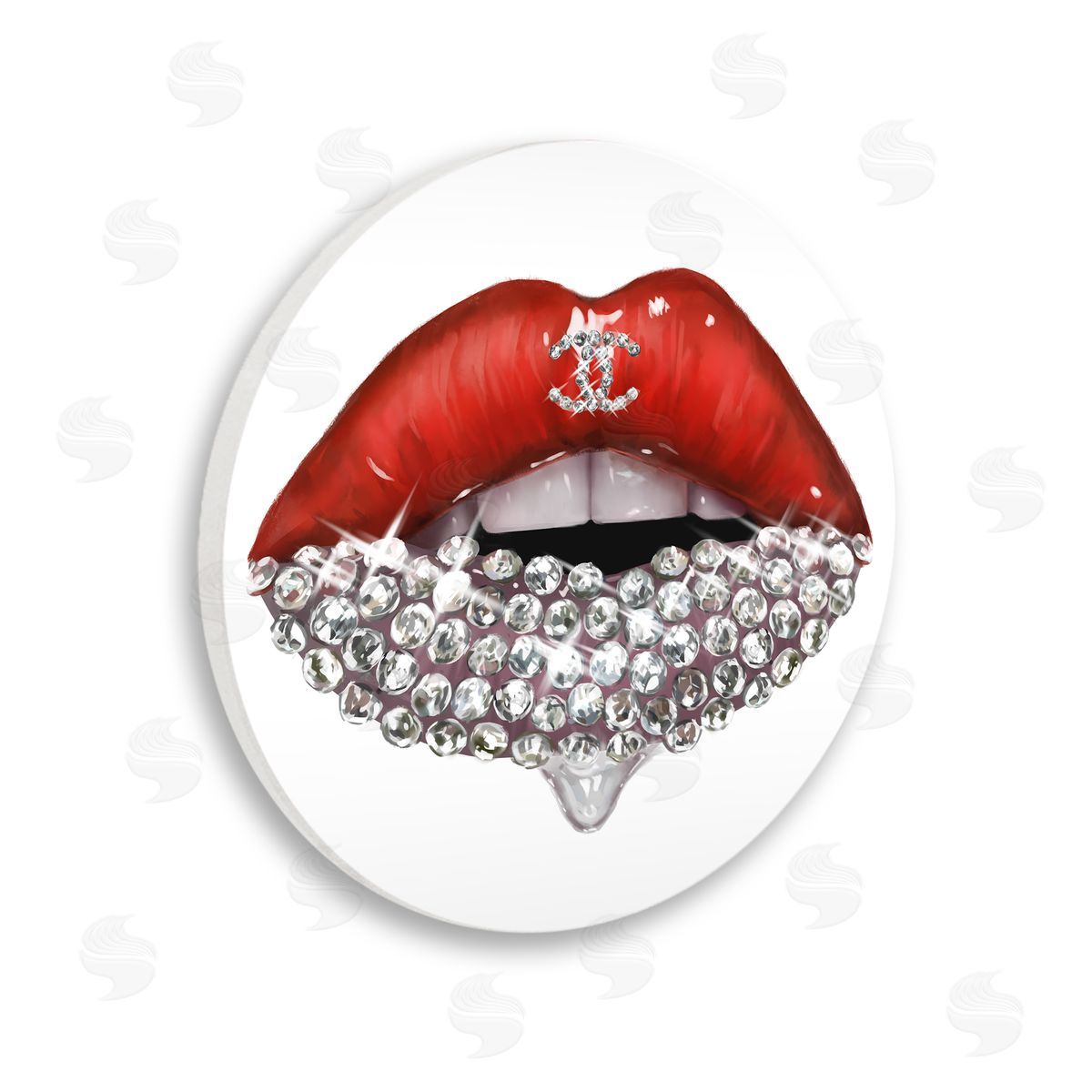Ziwei Li Chic Red Lip Portrait Women's Fashion Stone Details Wooden Wall Plaque Art Print