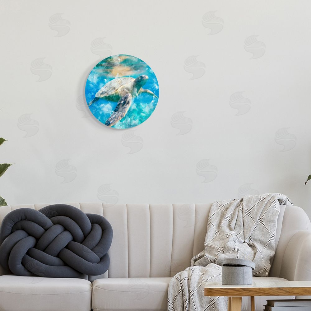 Kim Allen Swimming Sea Turtle Aquatic Reptile Design Round Wall Plaque Art Print in Room