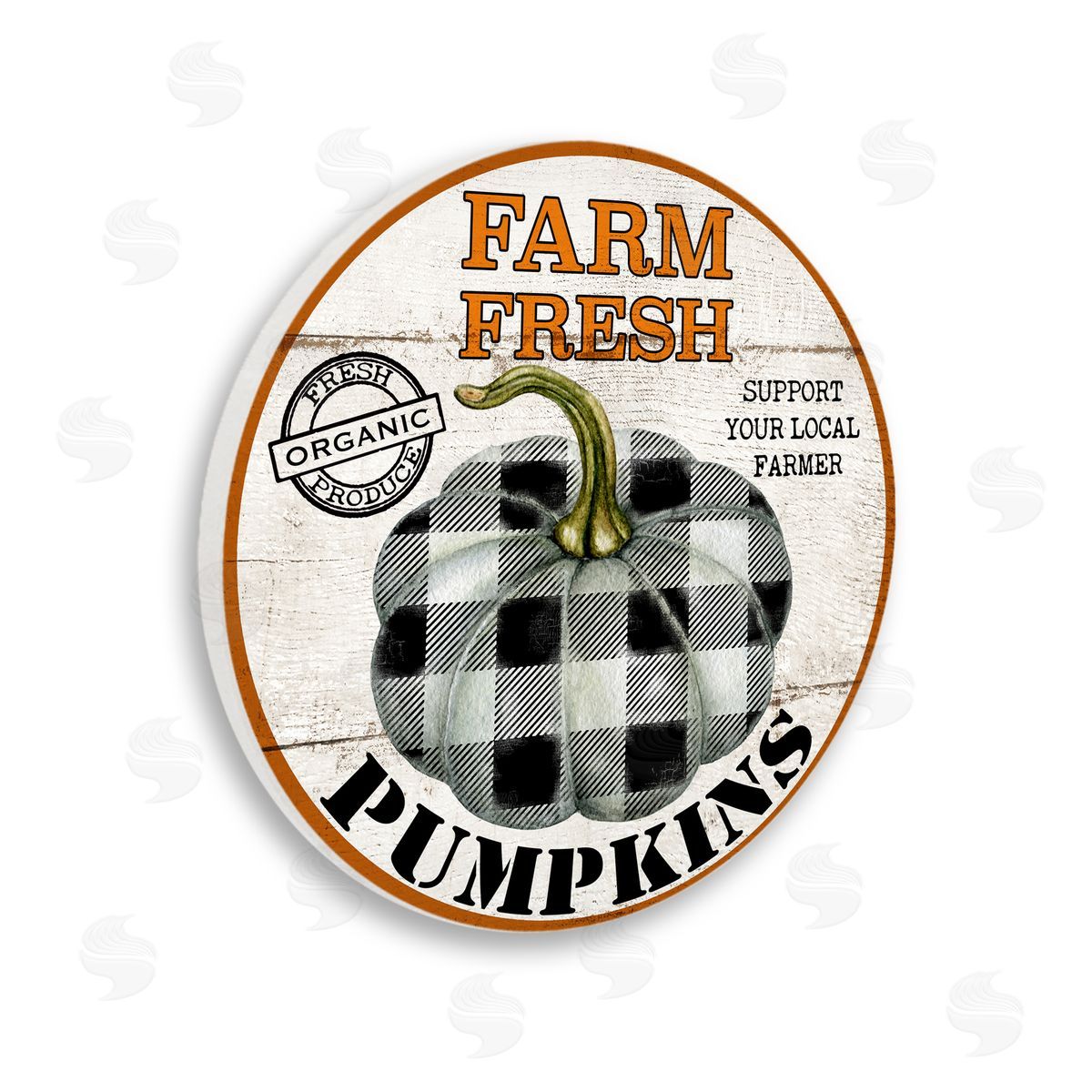 Deborah Brown Farm Fresh Pumpkins Black White Checkered Plaid Pattern Wooden Wall Plaque Art Print