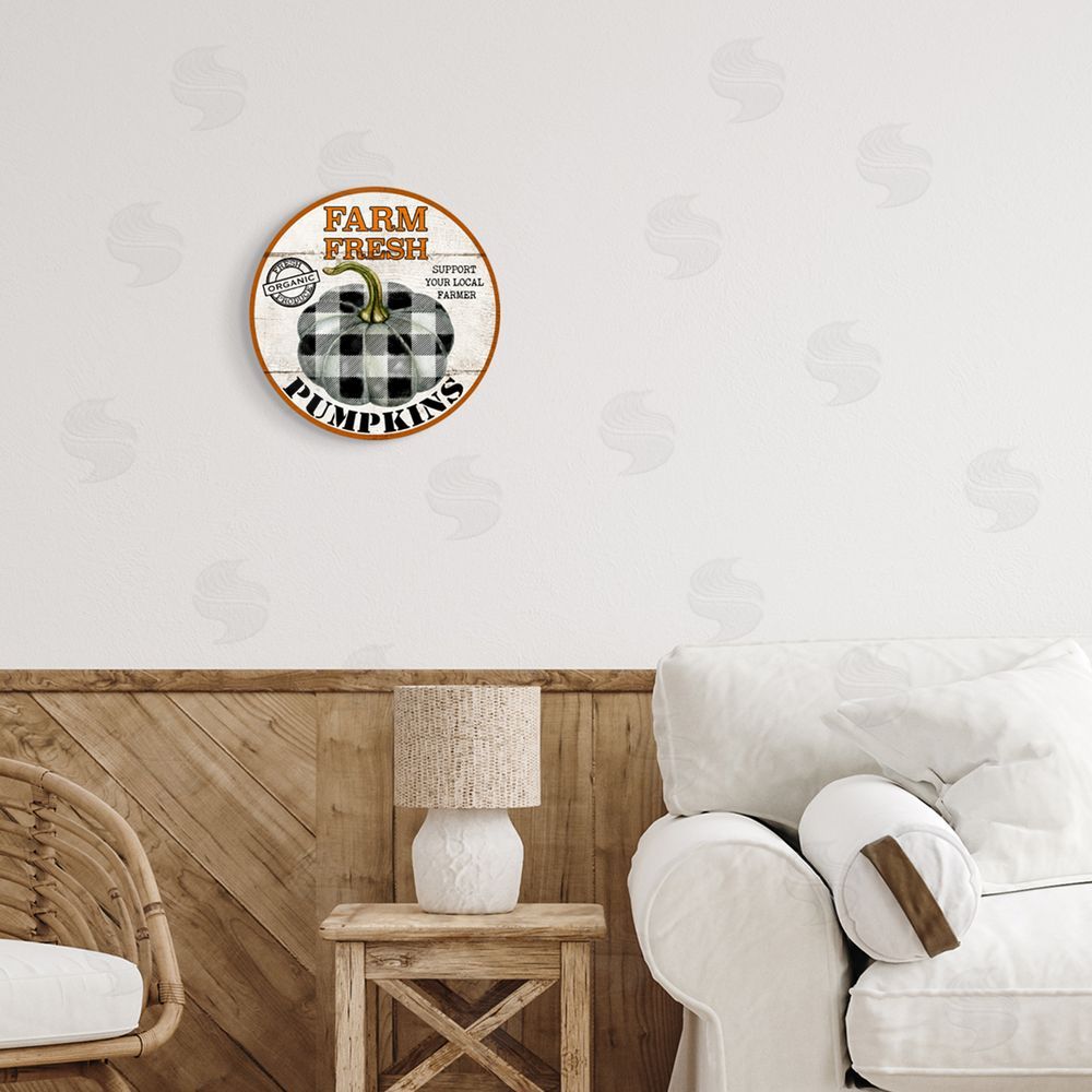 Deborah Brown Farm Fresh Pumpkins Black White Checkered Plaid Pattern Round Wall Plaque Art Print in Room