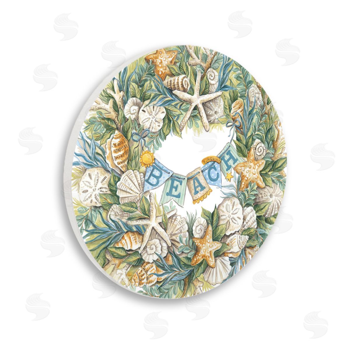 Diane Kater Holiday Beach Seashell Wreathe Nautical Starfish Wooden Wall Plaque Art Print