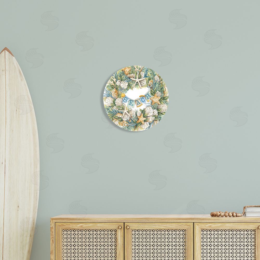 Diane Kater Holiday Beach Seashell Wreathe Nautical Starfish Round Wall Plaque Art Print in Room