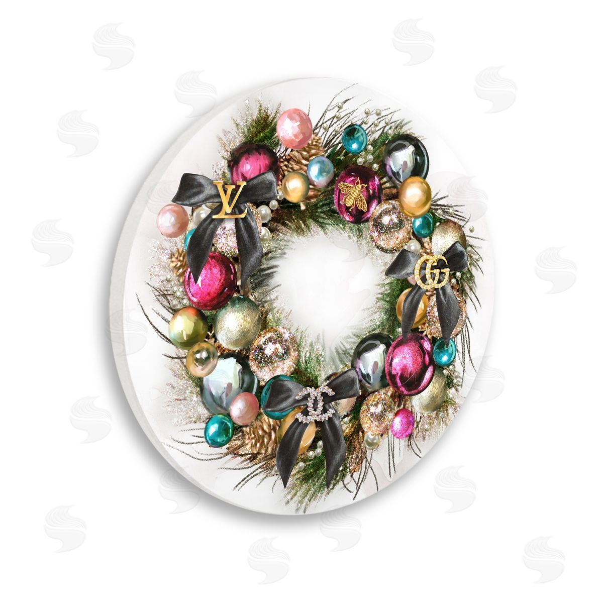Ziwei Li Winter Holiday Wreath Designer Glam Ornament Accents Wooden Wall Plaque Art Print