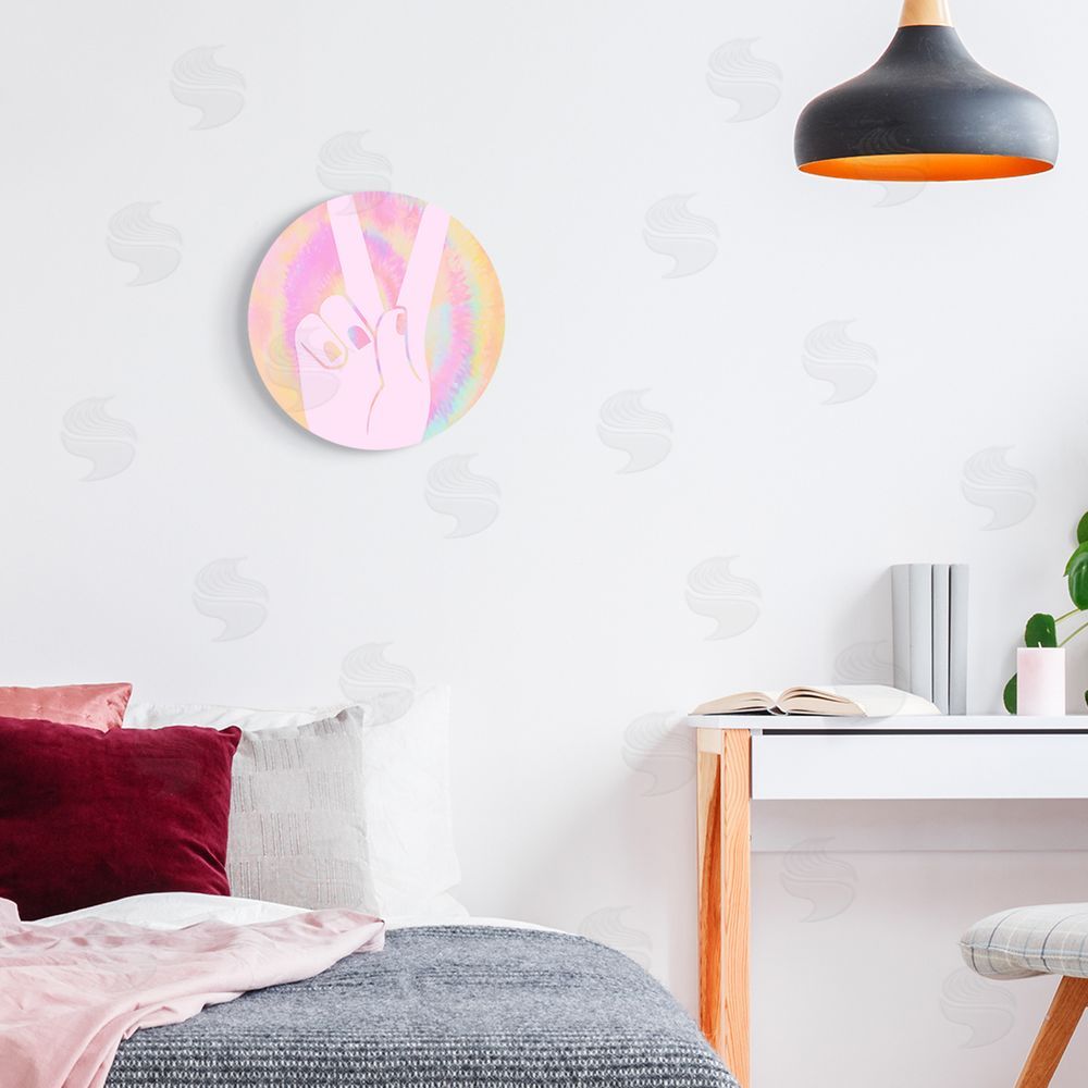 Stupell Studio Peace Sign Hand Pose Groovy Pink Tie Dye Pattern Round Wall Plaque Art Print in Room