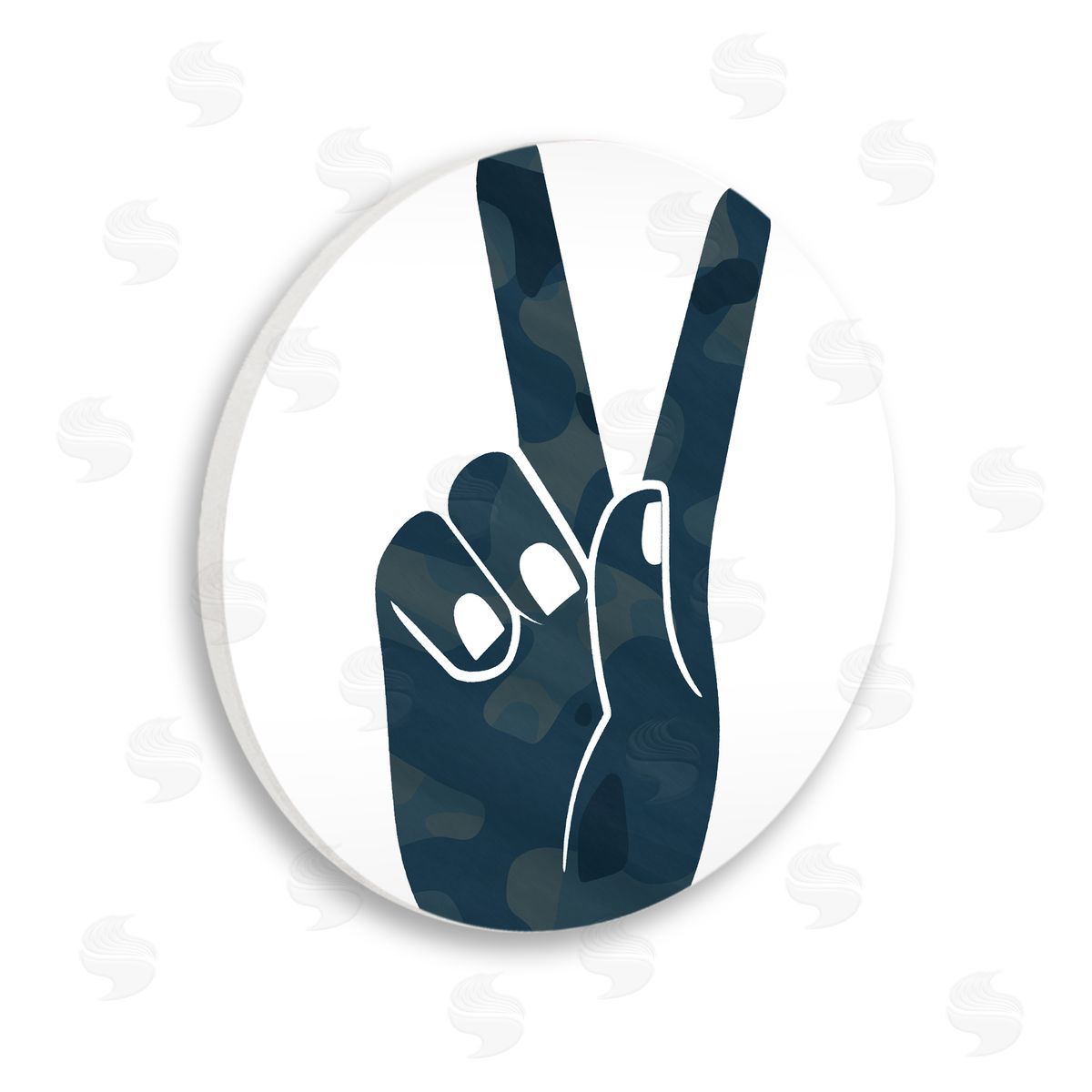 Stupell Studio Peace Sign Hand Pose Dark Blue Camouflage pattern Wooden Wall Plaque Art Print