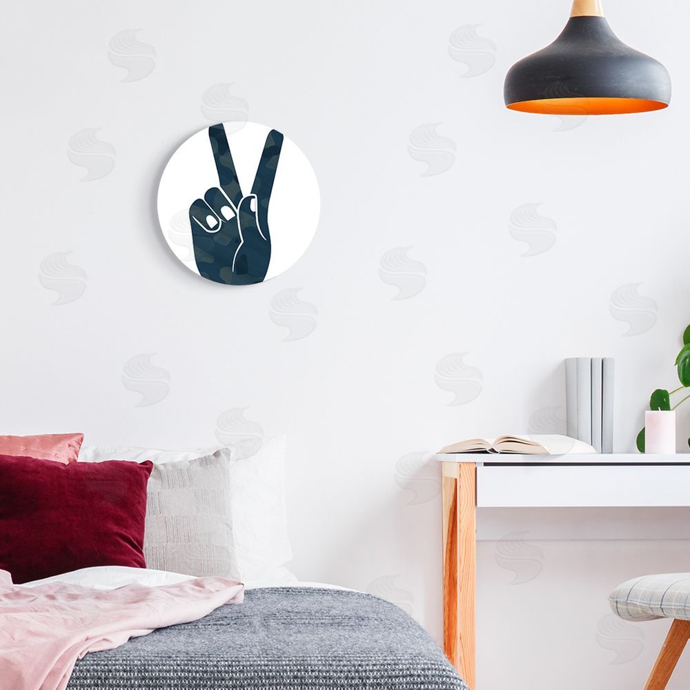 Stupell Studio Peace Sign Hand Pose Dark Blue Camouflage pattern Round Wall Plaque Art Print in Room