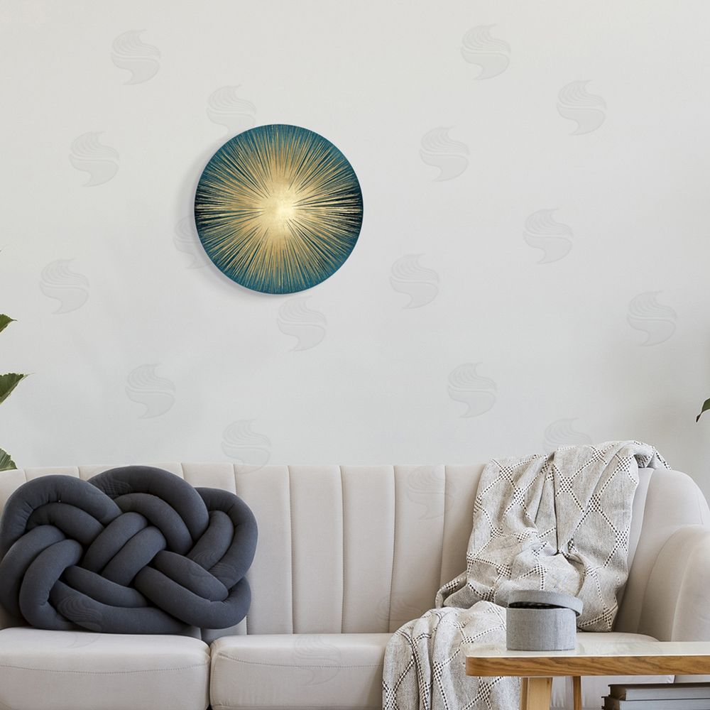 Abby Young Abstract Deco Sunburst Shape Over Dark Blue Round Wall Plaque Art Print in Room