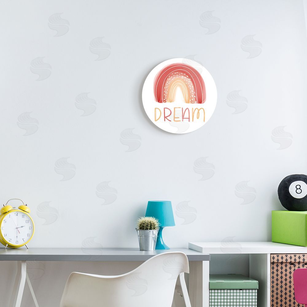 Emily Cromwell Orange Red Dream Rainbow Whimsical Lines Abstract Dots Round Wall Plaque Art Print in Room