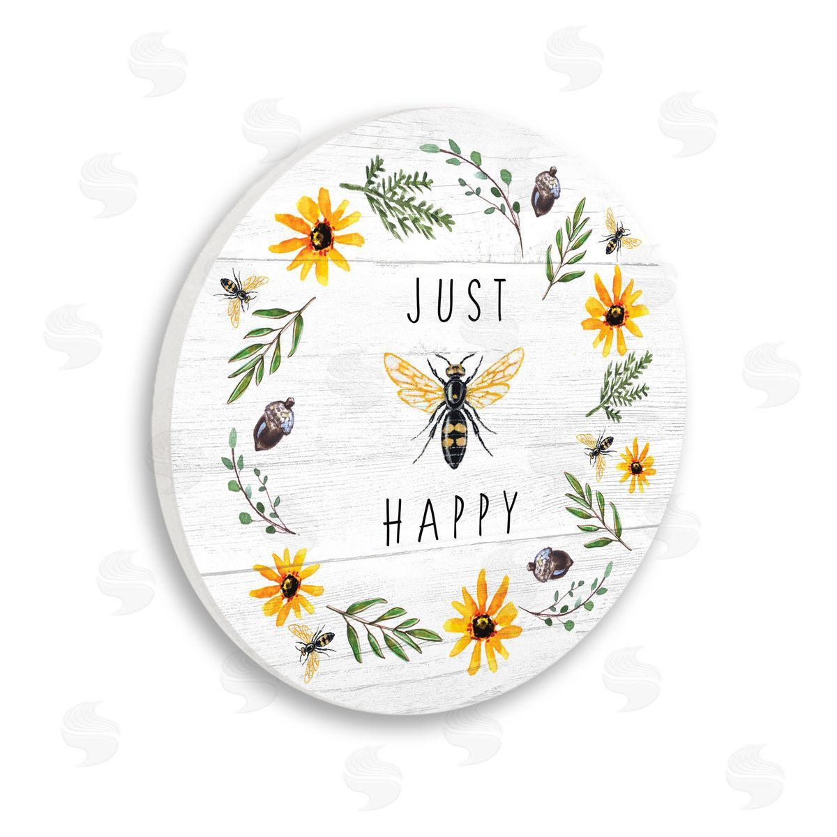 Elizabeth Tyndall Just Bee Happy Pun Phrase Yellow Daisy Country Wreath Wooden Wall Plaque Art Print