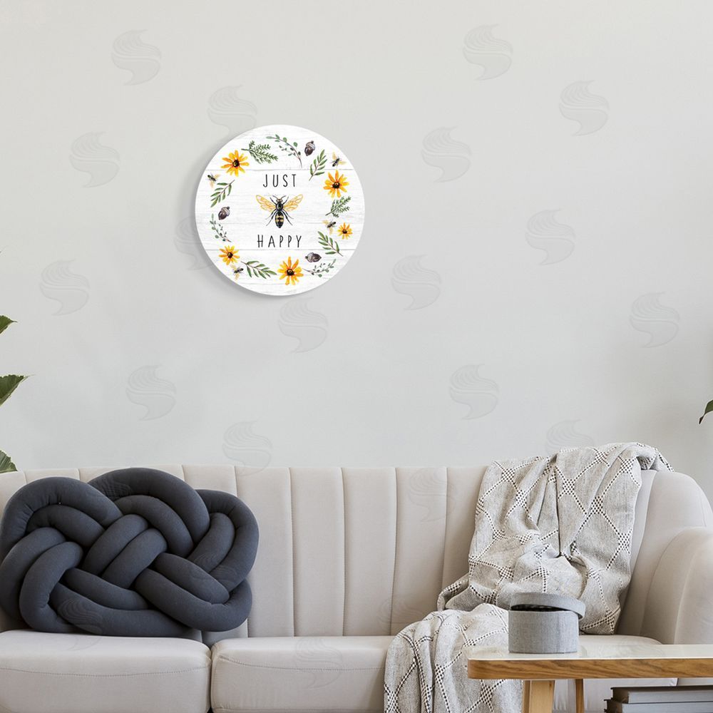 Elizabeth Tyndall Just Bee Happy Pun Phrase Yellow Daisy Country Wreath Round Wall Plaque Art Print in Room