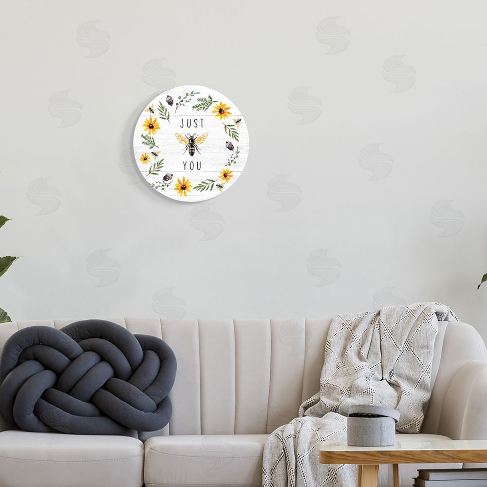 Elizabeth Tyndall Just Bee You Pun Phrase Yellow Daisy Country Wreath Round Wall Plaque Art Print in Room