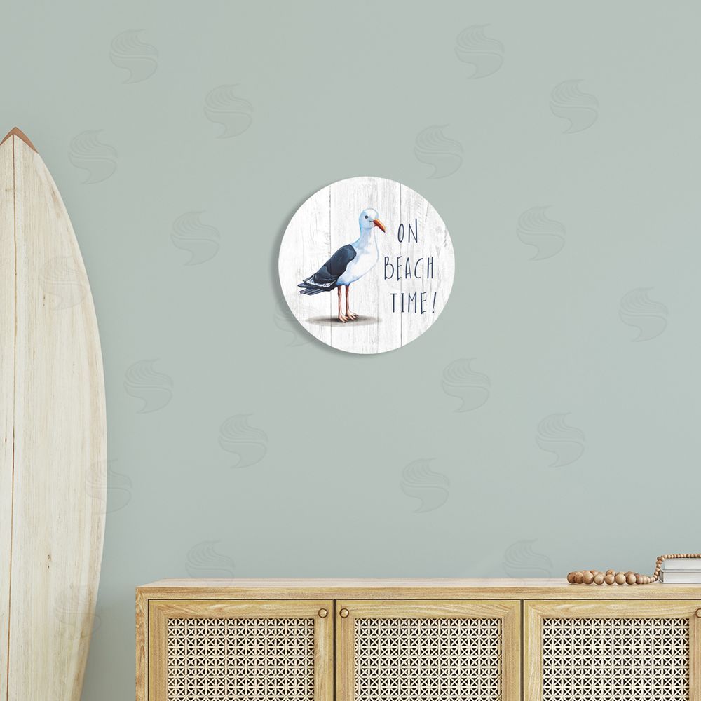 Elizabeth Tyndall On Beach Time Phrase Nautical Seagull Rustic Bird Round Wall Plaque Art Print in Room