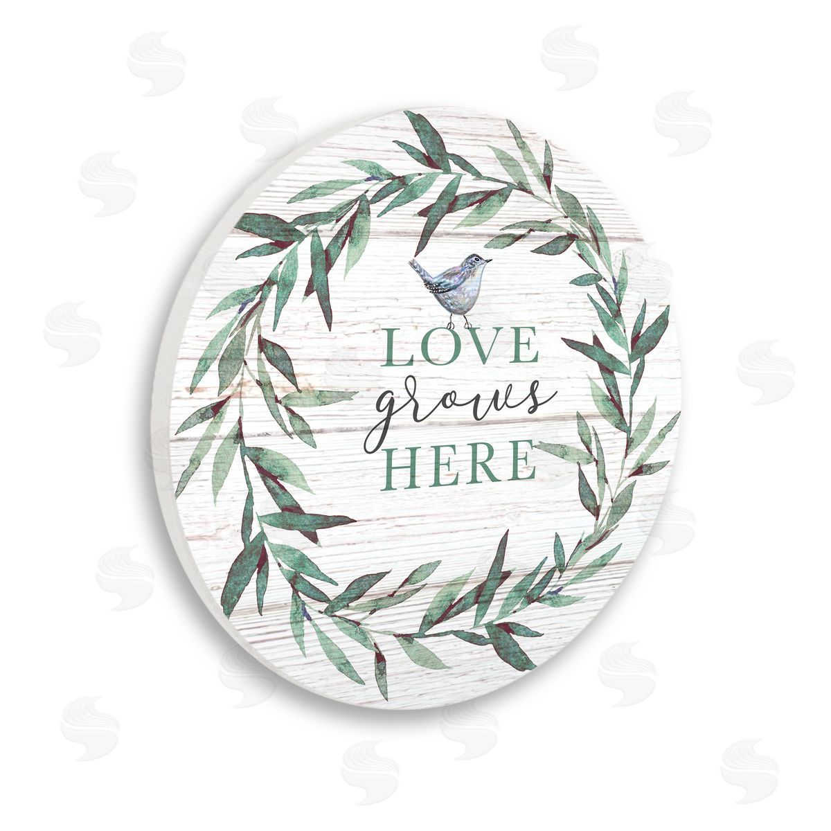 Elizabeth Tyndall Love Grows Here Sentiment Green Fern Wreath Blue Warbler Wooden Wall Plaque Art Print