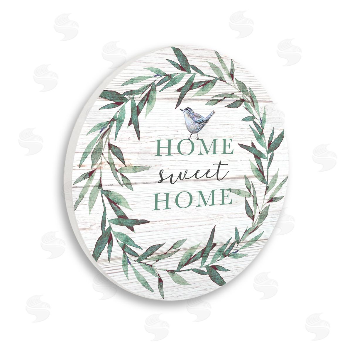 Elizabeth Tyndall Home Sweet Home Sentiment Green Fern Wreath Blue Bird Wooden Wall Plaque Art Print