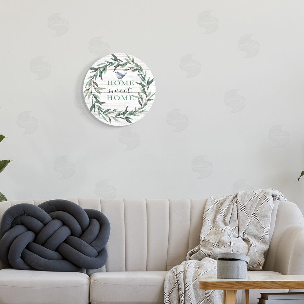 Elizabeth Tyndall Home Sweet Home Sentiment Green Fern Wreath Blue Bird Round Wall Plaque Art Print in Room