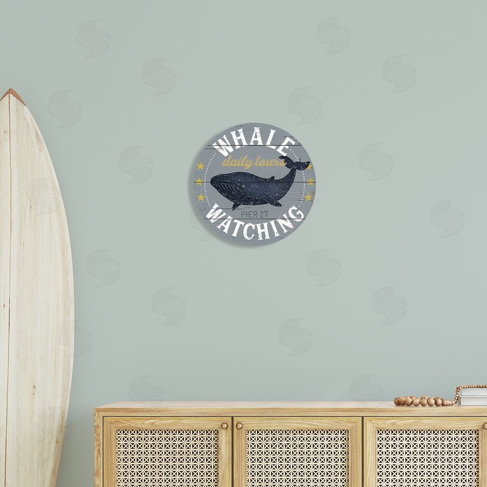 Jennifer Pugh Whale Watching Tours Sign Rustic Blue Marine Life Round Wall Plaque Art Print in Room