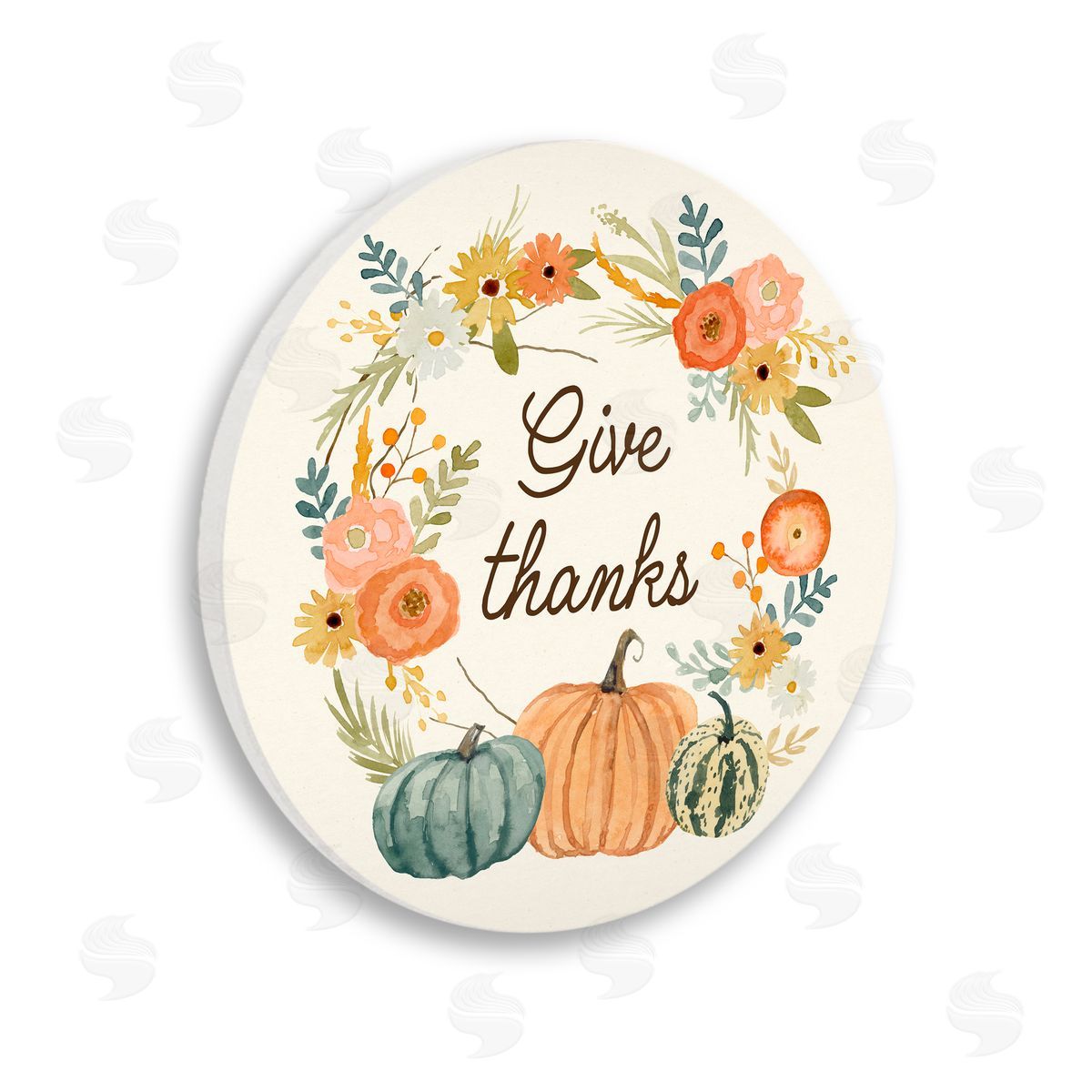 Victoria Barnes Give Thanks Sentiments Orange Floral Pumpkin Wreath Wooden Wall Plaque Art Print