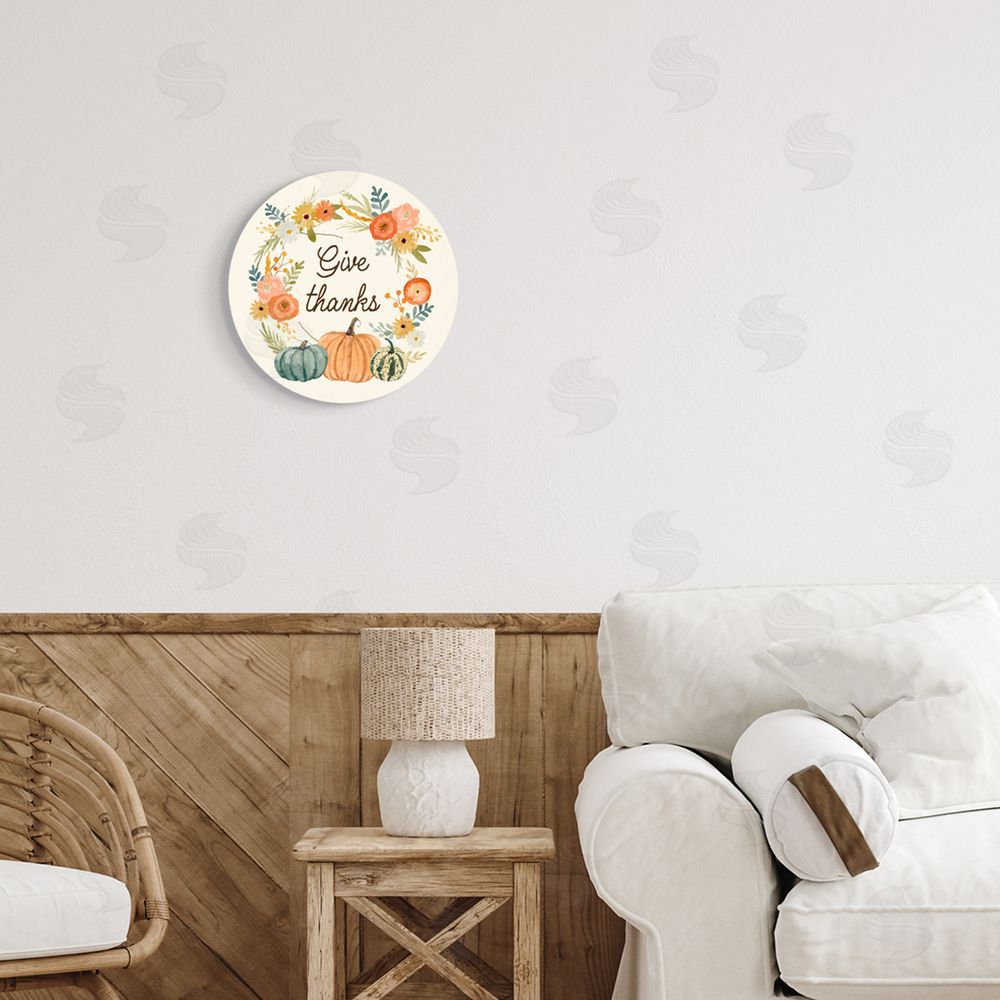 Victoria Barnes Give Thanks Sentiments Orange Floral Pumpkin Wreath Round Wall Plaque Art Print in Room