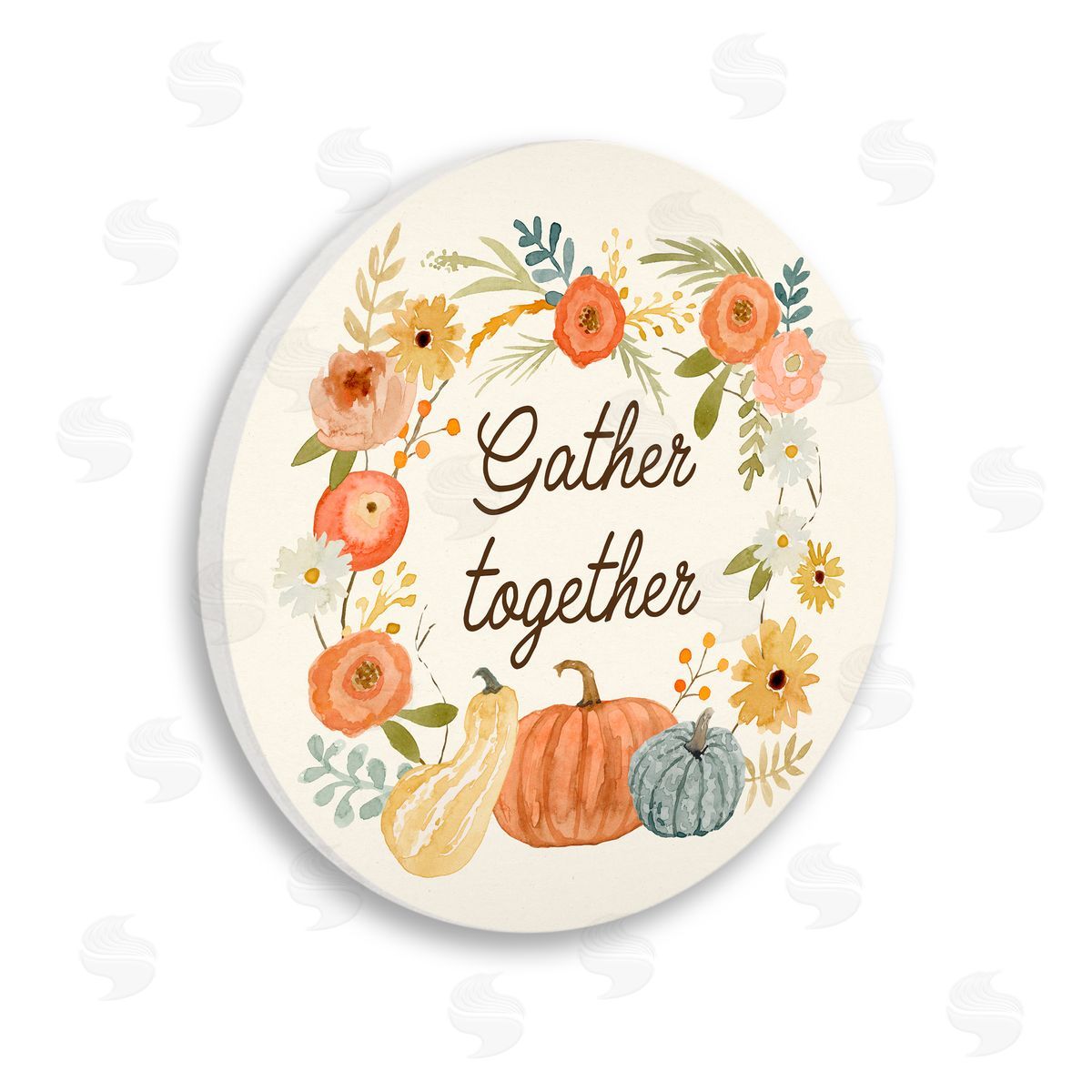 Victoria Barnes Gather Together Phrase Orange Floral Wreath Pumpkin Gourd Wooden Wall Plaque Art Print