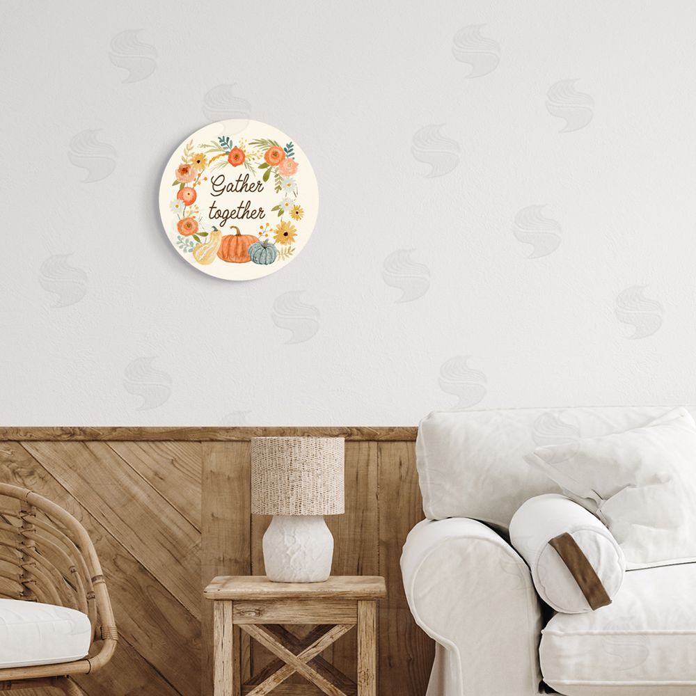 Victoria Barnes Gather Together Phrase Orange Floral Wreath Pumpkin Gourd Round Wall Plaque Art Print in Room