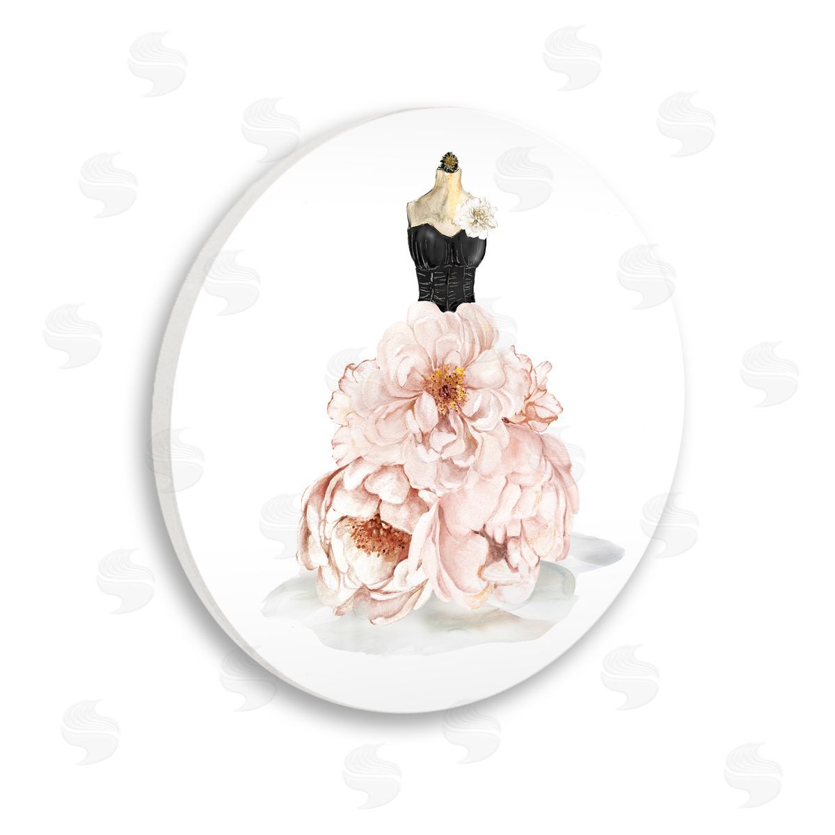 Carol Robinson Pink Peonies Floral Dress Black Corset Fashion Mannequin Wooden Wall Plaque Art Print