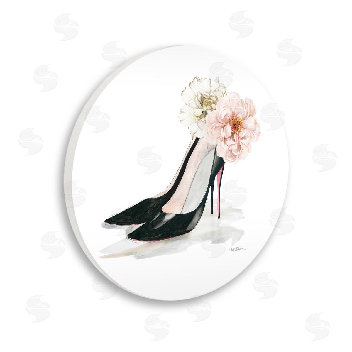 Carol Robinson Pink Floral Black Heels Chic Fashion Shoes Wooden Wall Plaque Art Print