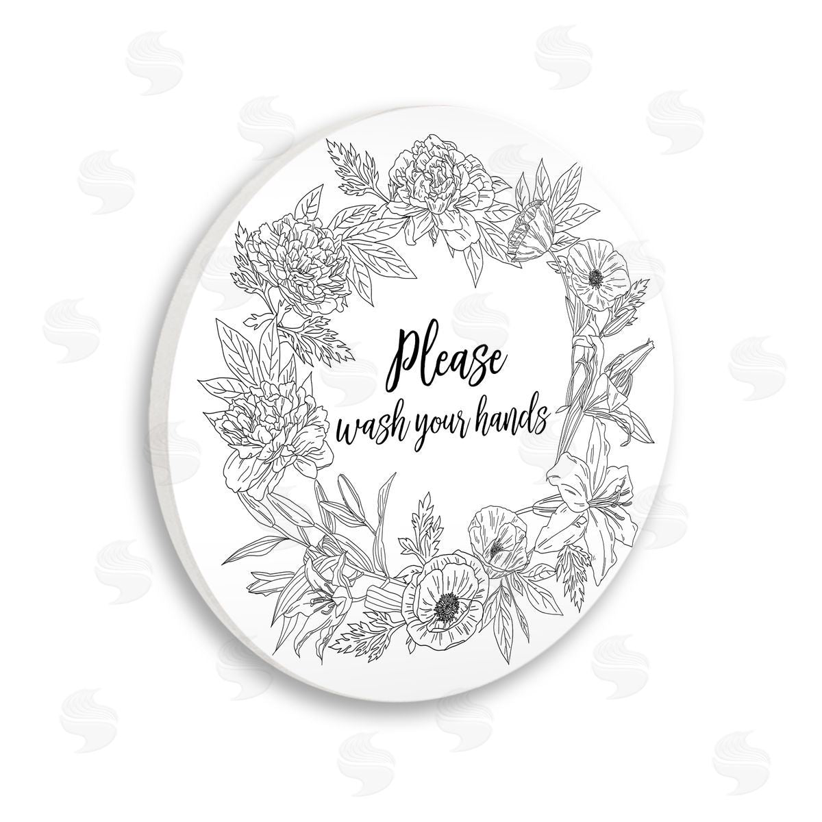 Ziwei Li Please Wash Your Hands Sign Floral Wreath Linework Wooden Wall Plaque Art Print