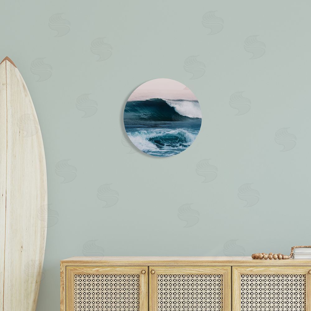 Ian Winstanley Crashing Surf Waves Ocean Beach Scene Distant Cliffs Round Wall Plaque Art Print in Room