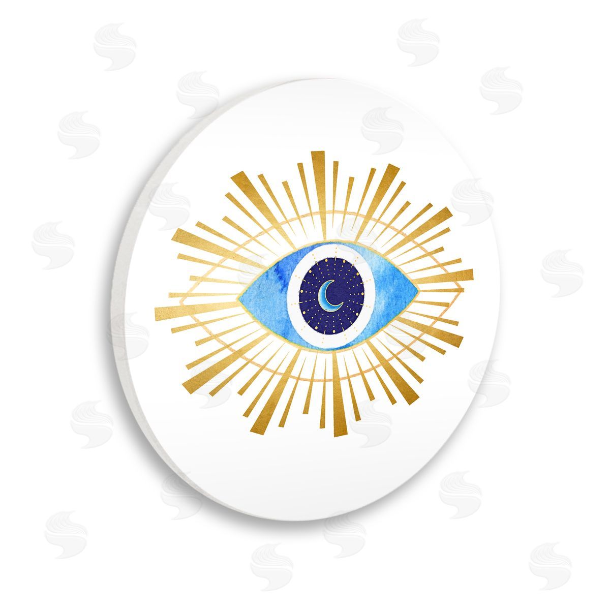 Amanda Greenwood Bold Blue Evil Eye Radiant Abstract Shapes Crescent Moon Wooden Wall Plaque Art Print