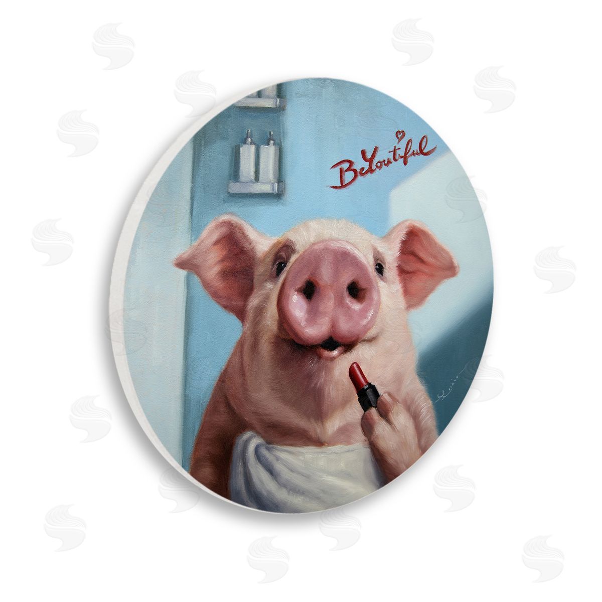 Lucia Heffernan Be-You-Tiful Pink Pig in Towel Lipstick Big Snout Wooden Wall Plaque Art Print