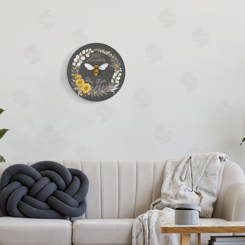 Deb Strain Bee Humble Be True Phrase Vintage Yellow Florals Round Wall Plaque Art Print in Room