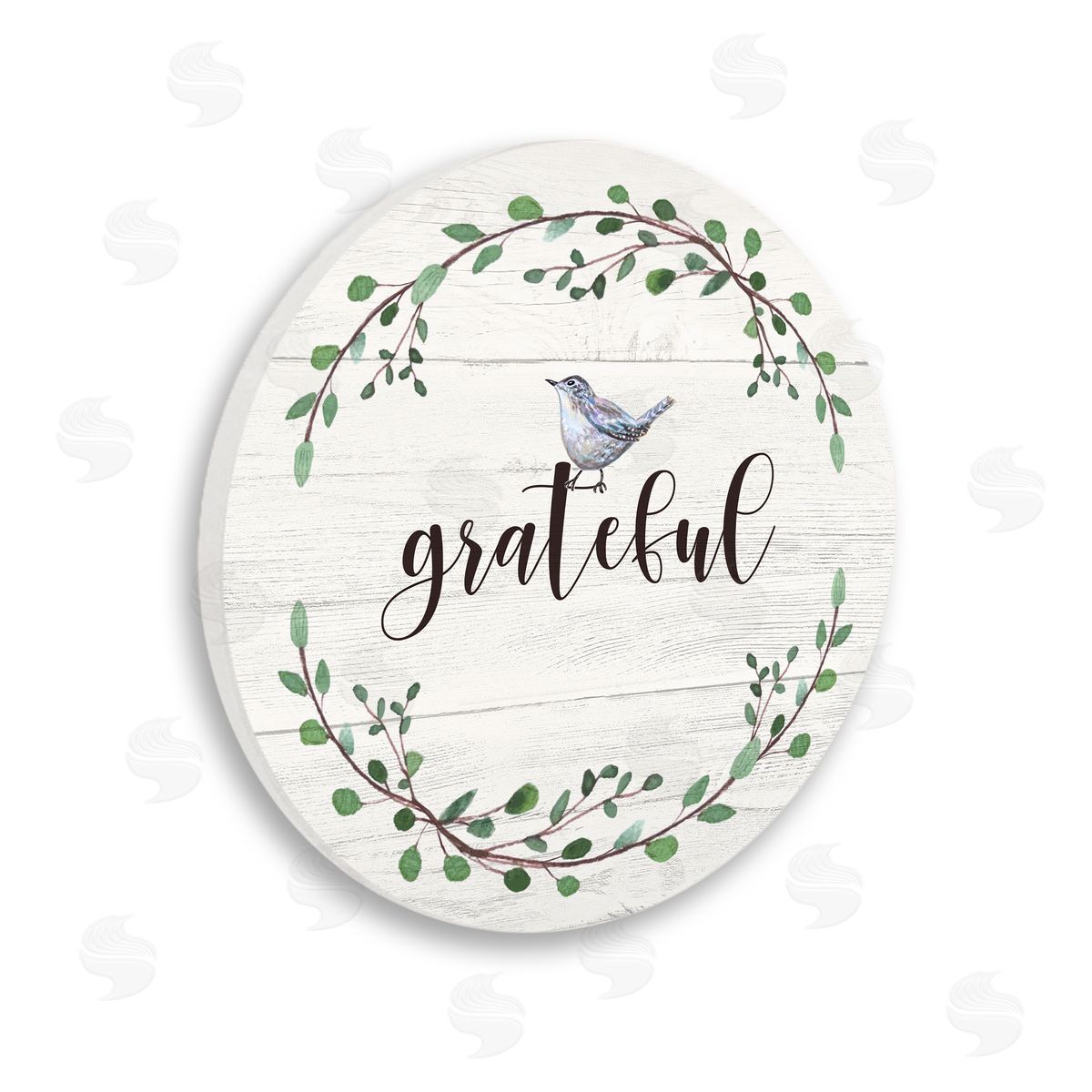 Elizabeth Tyndall Grateful Bird Crown Laurel Twigs Foliage Country Pattern Wooden Wall Plaque Art Print
