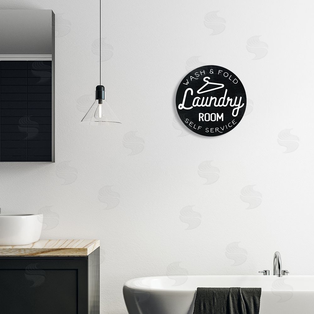 Stupell Studio Wash and Fild Vintage Laundry Room Sign Black White Round Wall Plaque Art Print in Room
