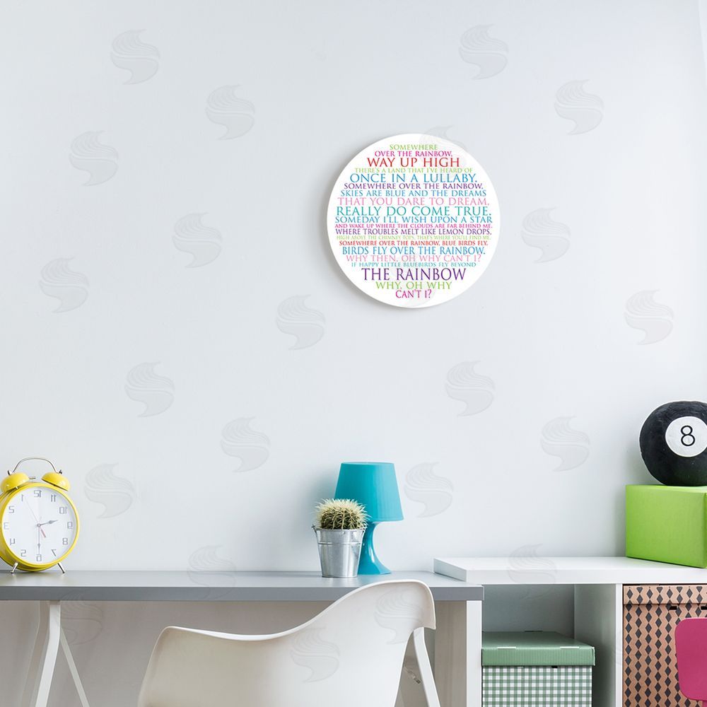 Susan Newberry Designs Somewhere Over The Rainbow Playful Circle Typography Round Wall Plaque Art Print in Room