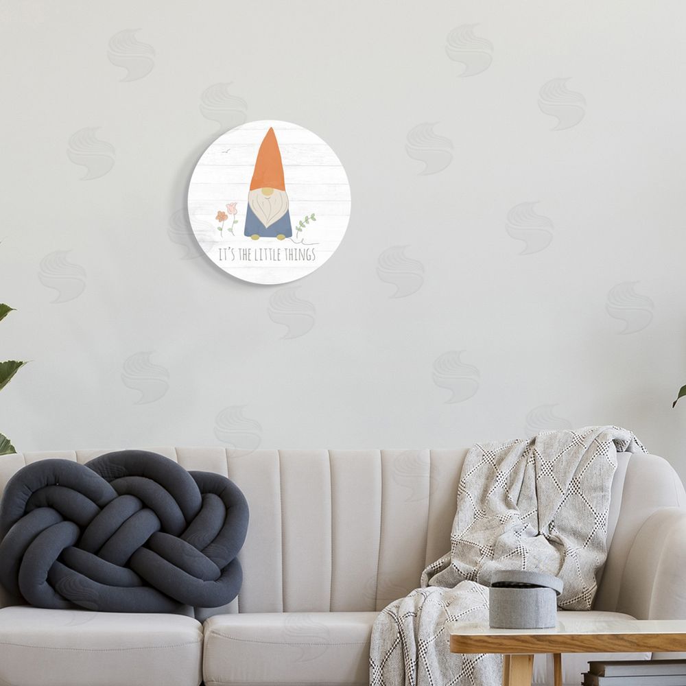 Anna Quach It's The Little Things Inspirational Phrase Cute Gnome Round Wall Plaque Art Print in Room