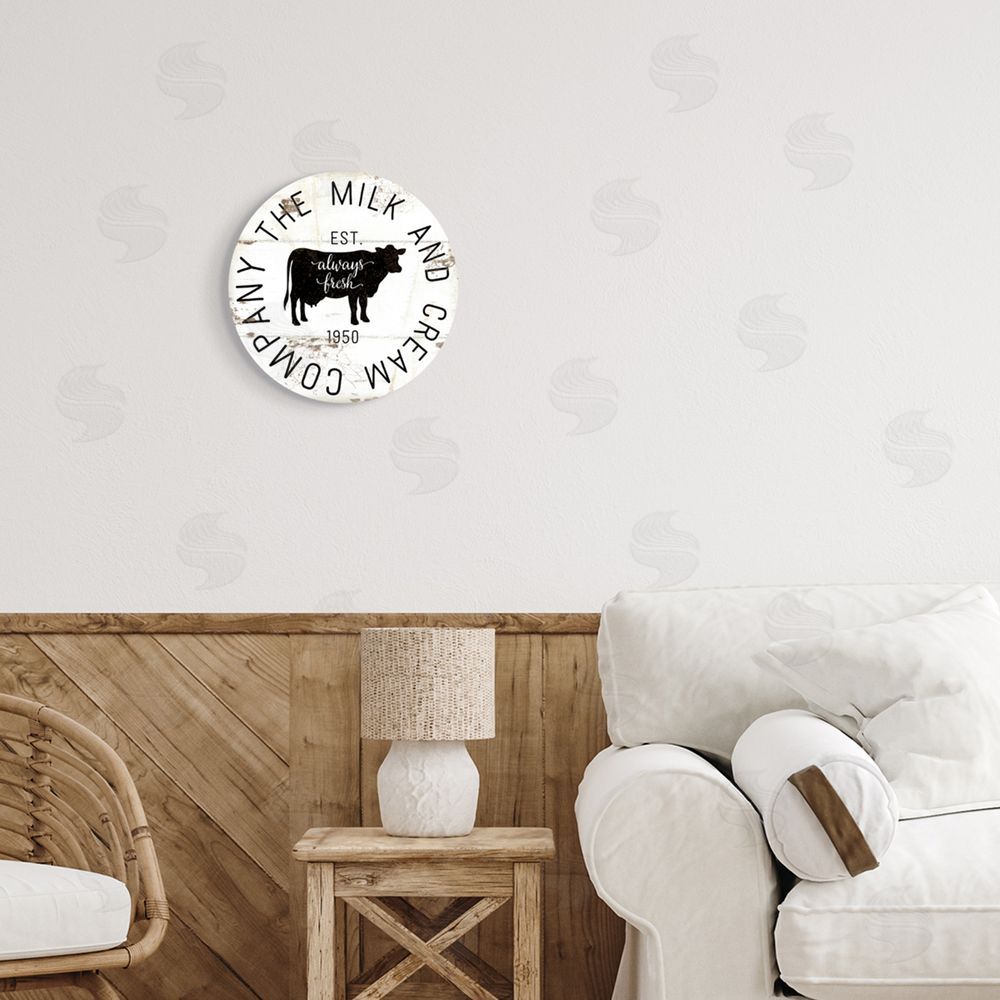 Jennifer Pugh Milk and Cream Company Vintage Sign Dairy Cow Round Wall Plaque Art Print in Room