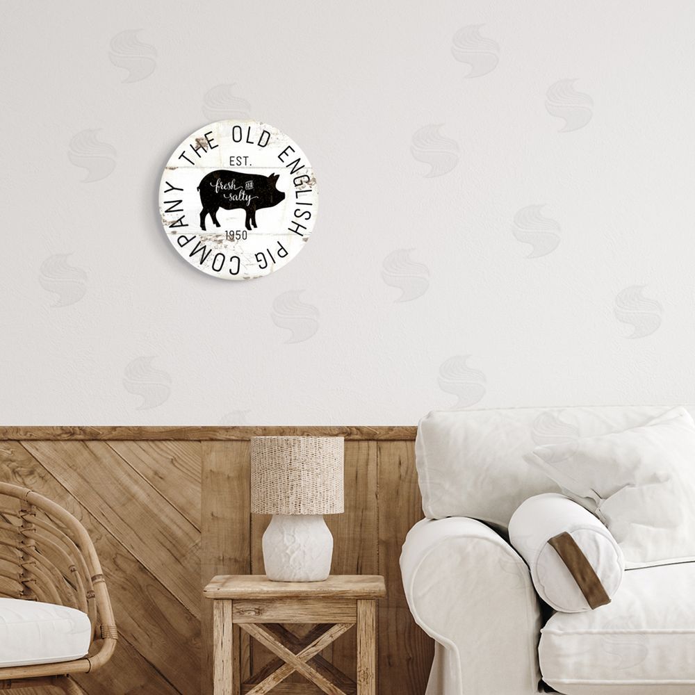 Jennifer Pugh Old English Pig Co Vintage Sign Farm Hog Round Wall Plaque Art Print in Room