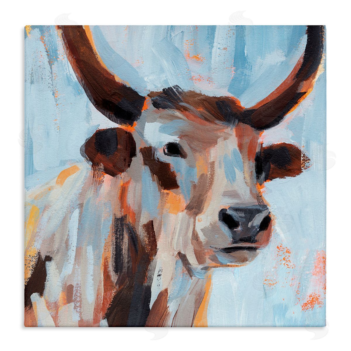 Annie Warren Modern Cattle Cow Painterly Brushstrokes Blue Background Stretched Canvas Wall Art Print