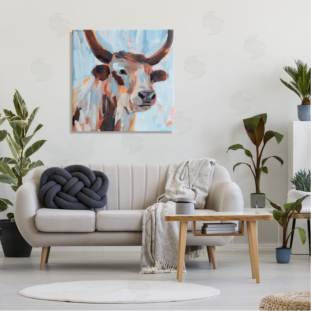 Annie Warren Modern Cattle Cow Painterly Brushstrokes Blue Background Canvas Wall Art in Room