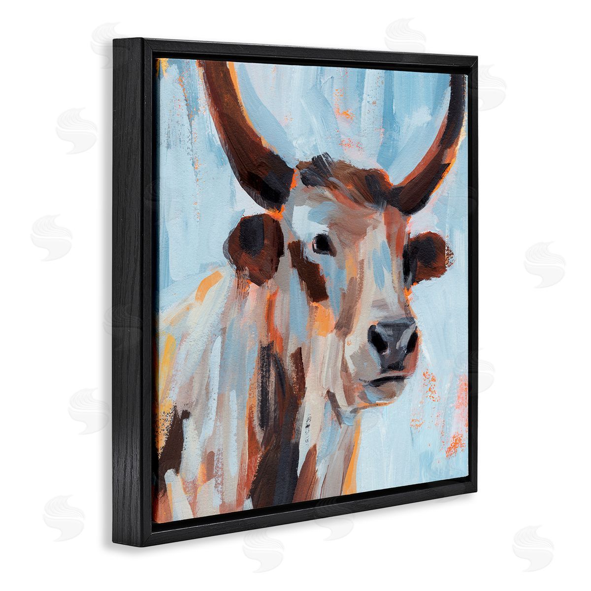 Annie Warren Modern Cattle Cow Painterly Brushstrokes Blue Background Black Floating Frame Canvas Wall Art Print