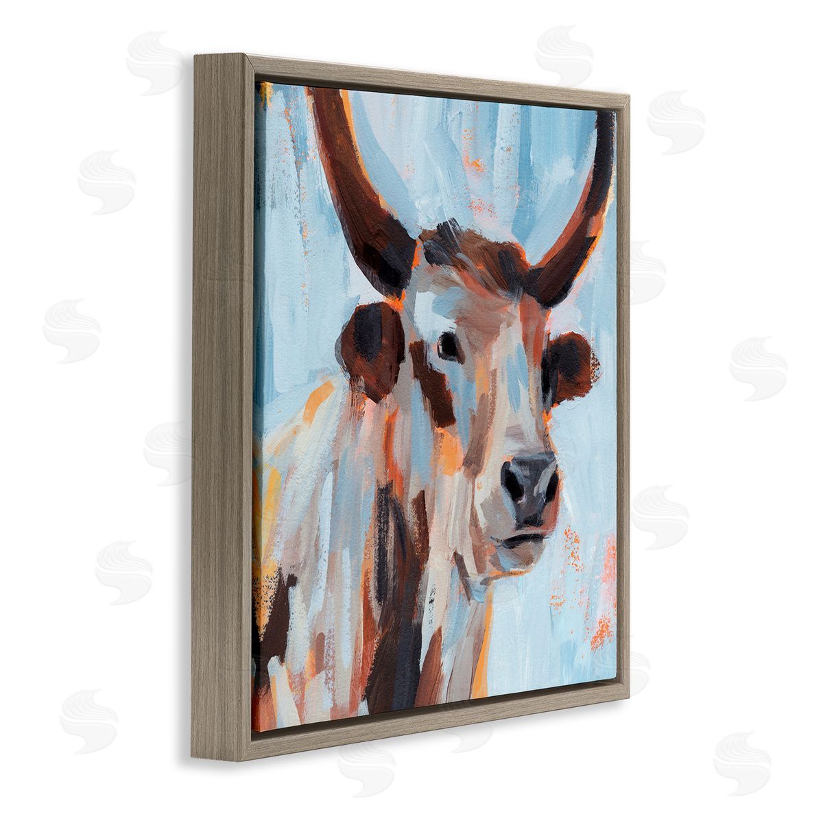 Annie Warren Modern Cattle Cow Painterly Brushstrokes Blue Background Brown Floating Frame Canvas Wall Art Print