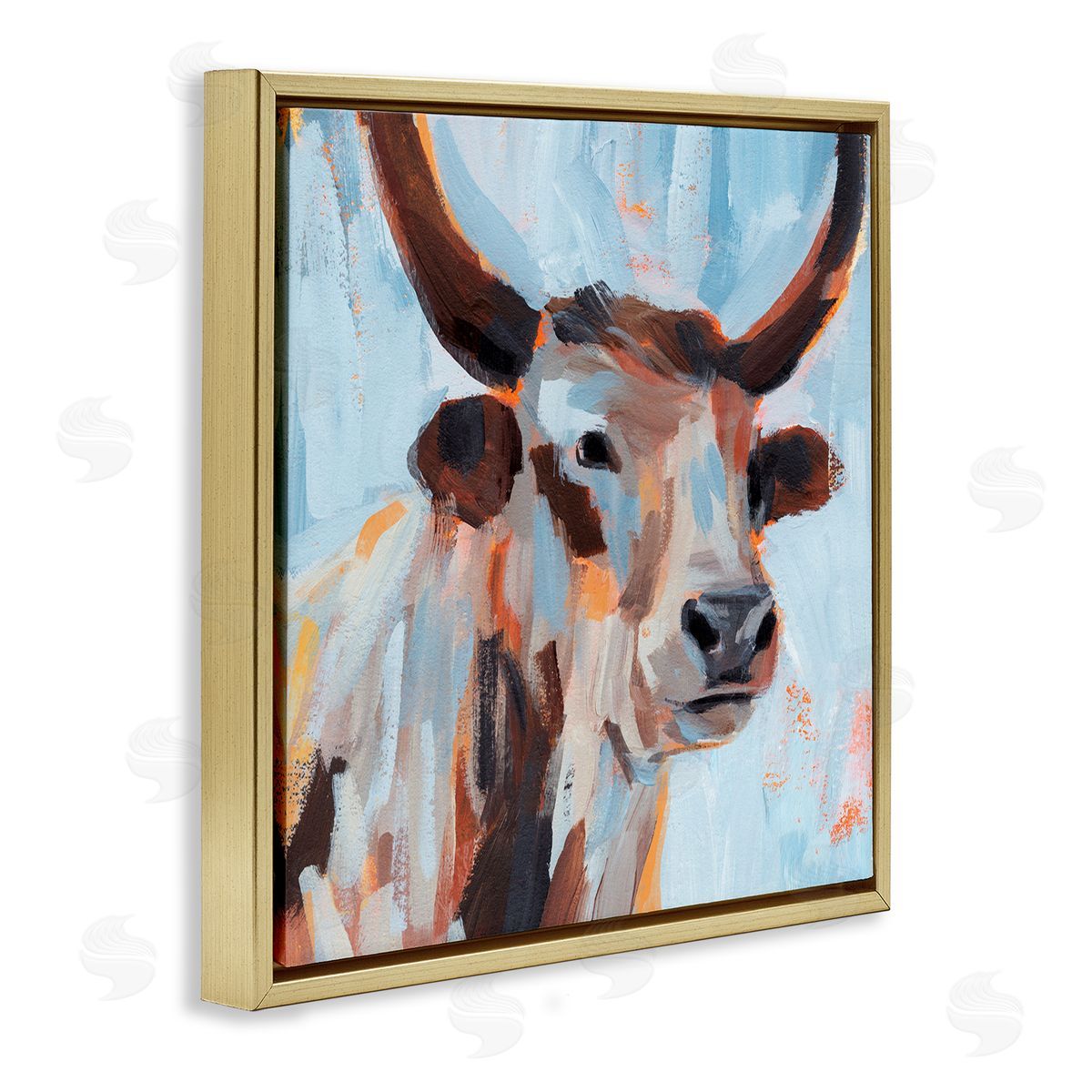 Annie Warren Modern Cattle Cow Painterly Brushstrokes Blue Background Gold Floating Frame Canvas Wall Art Print