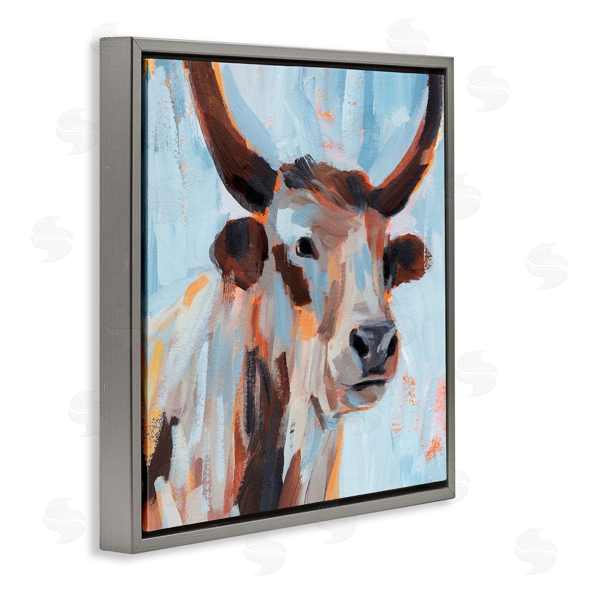 Annie Warren Modern Cattle Cow Painterly Brushstrokes Blue Background Gray Floating Frame Canvas Wall Art Print